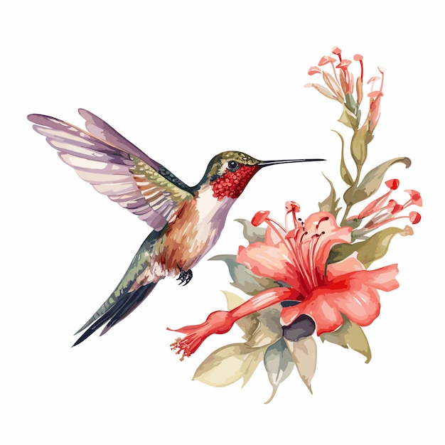 Vector watercolor hummingbird and flower