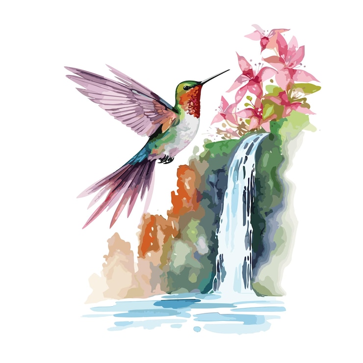 Vector 水彩のハミングバードと花
