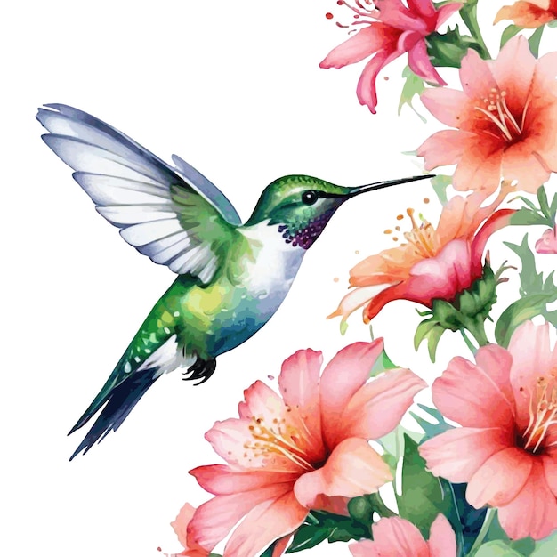 watercolor hummingbird and flowers