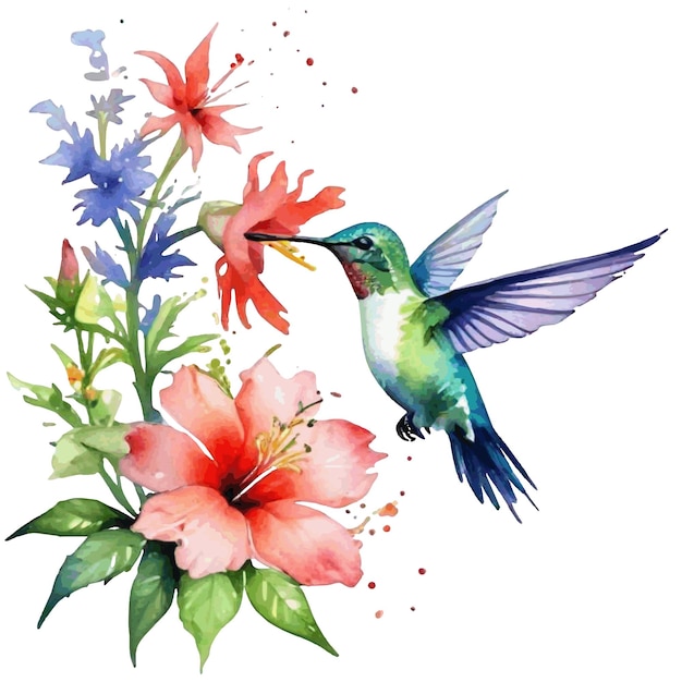 Vector watercolor hummingbird and flowers