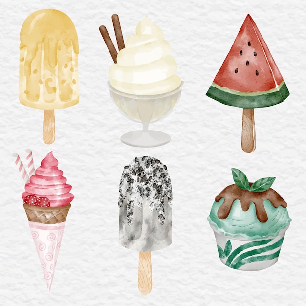 Vector watercolor ice cream collection set clip art element