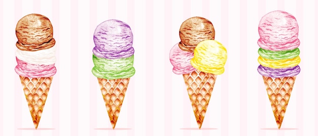 Watercolor ice cream cone set