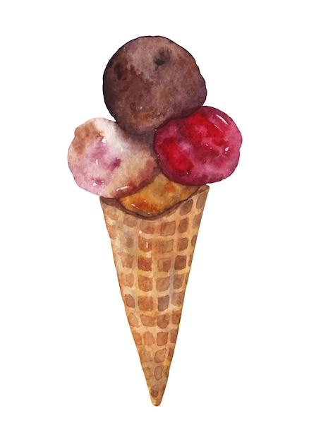 Watercolor ice cream in a cone Vector illustration