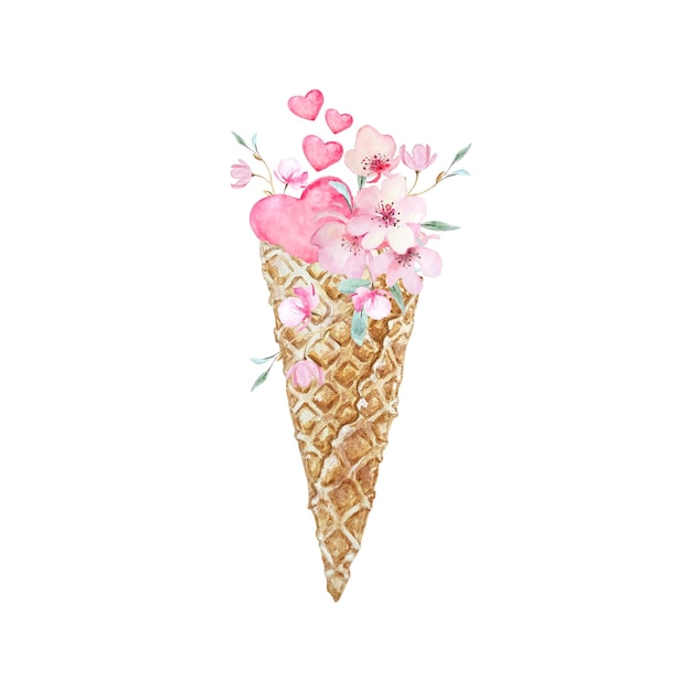 Cono gelato acquerello con delicati fiori di sakura primaverili e cuori rosa.