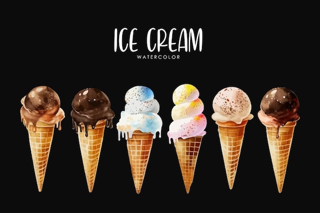 Watercolor ice cream illustration set on isolated black background