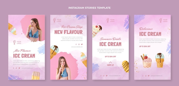 Vettore storie di instagram di gelato ad acquerello