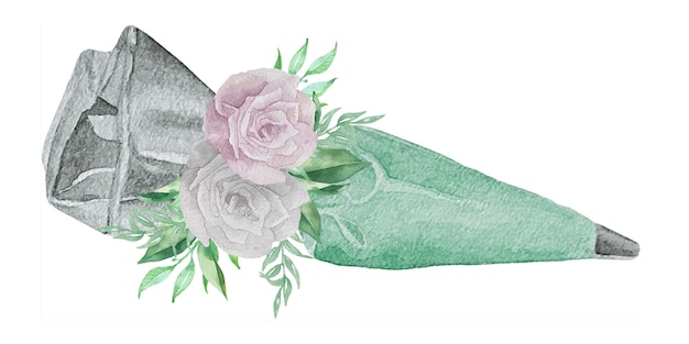 민트 청록색 페이스트리 크림과 녹지 베이커리 로고가 있는 꽃이 있는 수채색 아이싱 백과 팁