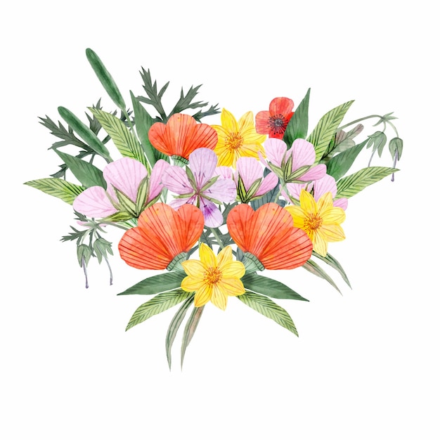 Vettore illustrazione ad acquerello di fiori bouquet di fiori selvatici e foglie illustrazione sul bac bianco