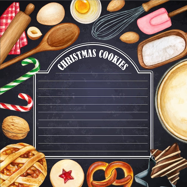 Watercolor illustrated blackboard with christmas cookies and kitchen tools