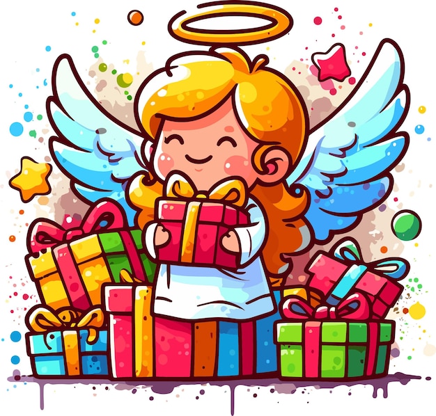 Vector watercolor illustration of an angel holding a pile of presents for christmas