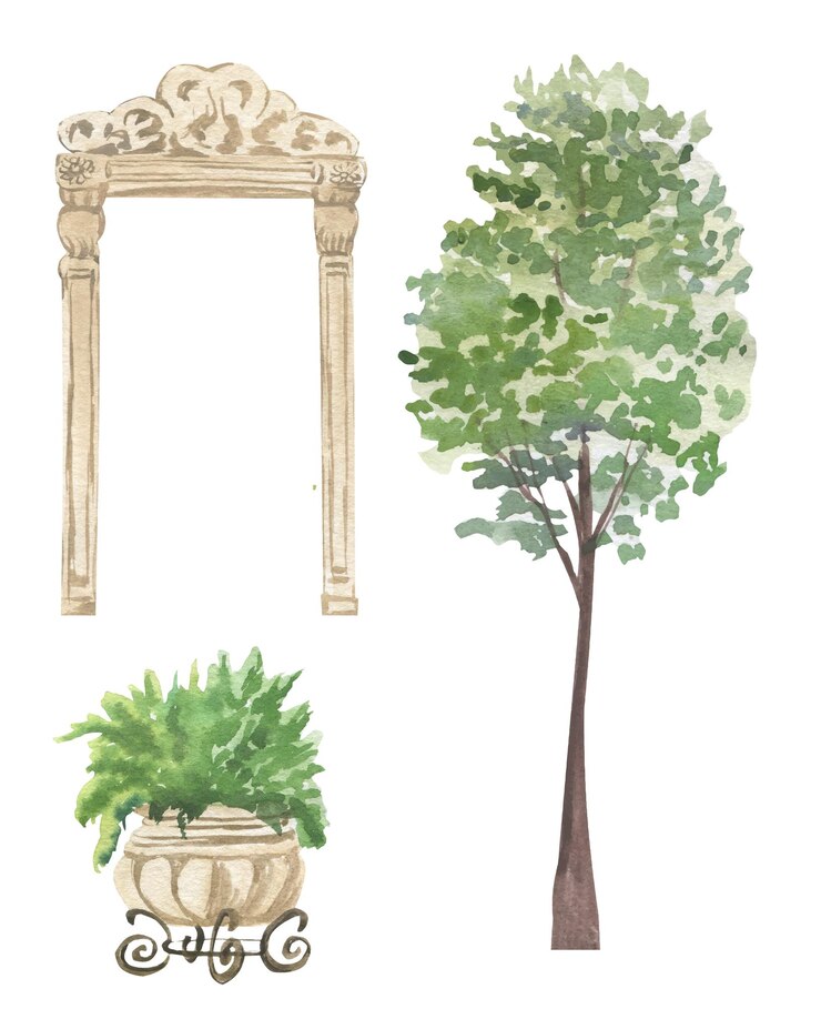 Vector watercolor illustration of antique door arch, bush of greenery in a clay pot