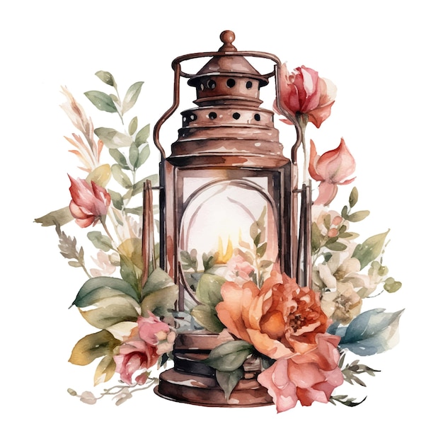 Watercolor illustration of antique lantern with flowers