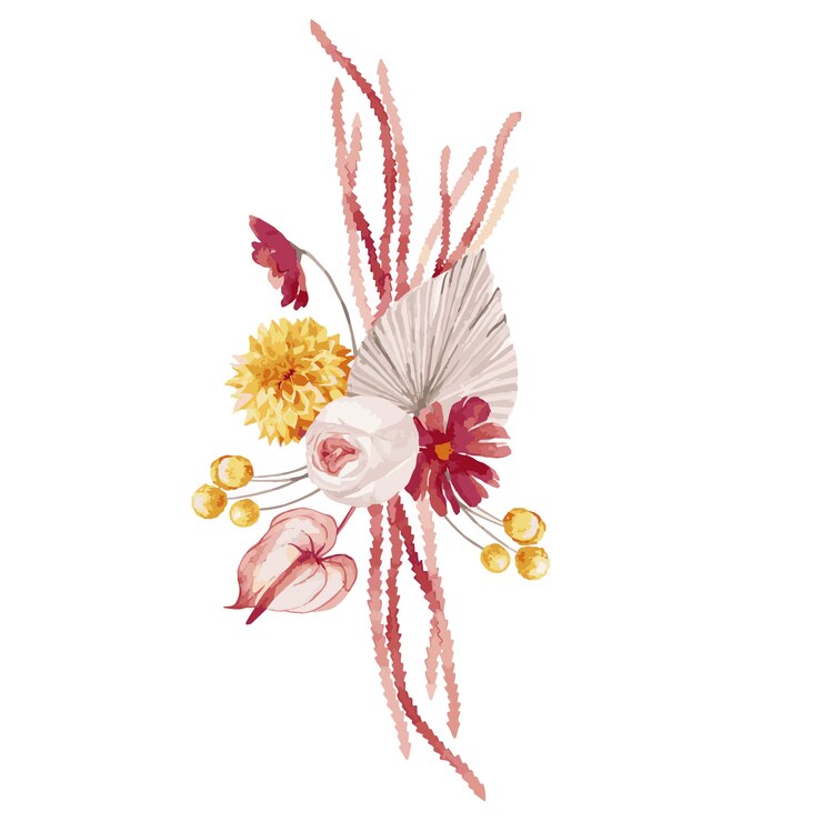 水彩イラスト、秋の花束、バーガンディのヤシの葉、蘭、プロテア、黄色のアスター、アンスリウムとボヘミアンスタイルの構成