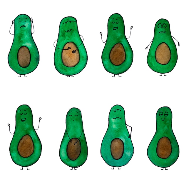 어린이 섬유 의류 벽지에 이상적인 아보카도 캐릭터의 수채화 그림