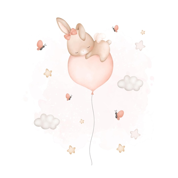 Illustrazione ad acquerello baby rabbit dorme su un palloncino con stelle e farfalle