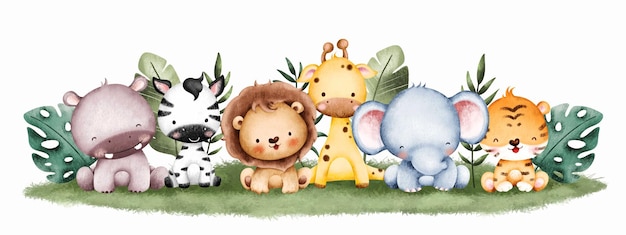 Vettore illustrazione ad acquerello baby safari animal banner sfondo