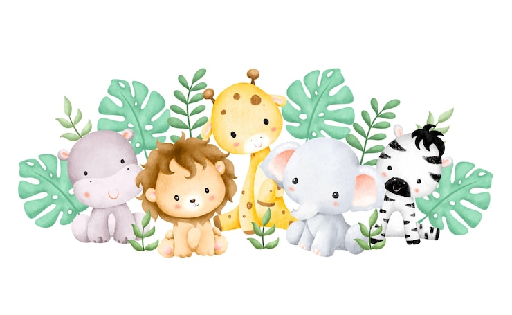 Watercolor illustration baby safari animals and tropical leaves