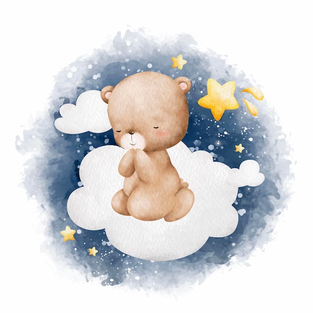 Vettore illustrazione ad acquerello baby orsacchiotto seduto e pregando sulla nuvola