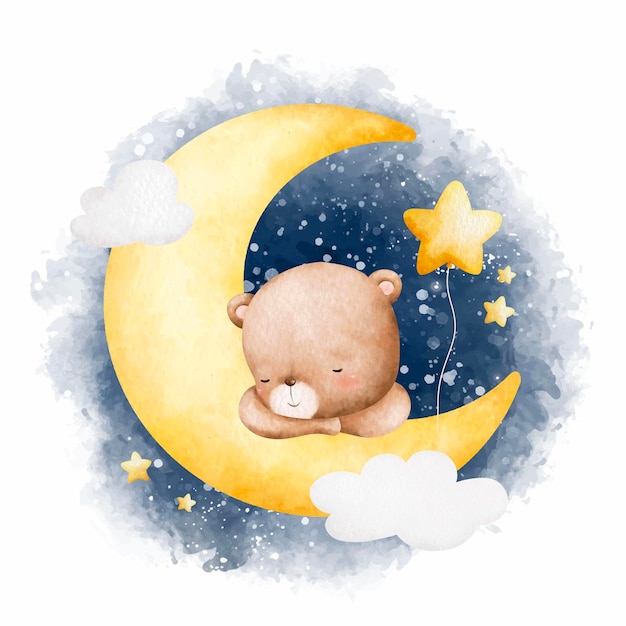 Vettore illustrazione ad acquerello baby orsacchiotto che dorme sulla luna