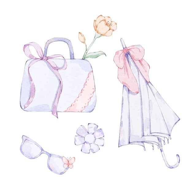 A watercolor illustration of a bag and umbrella