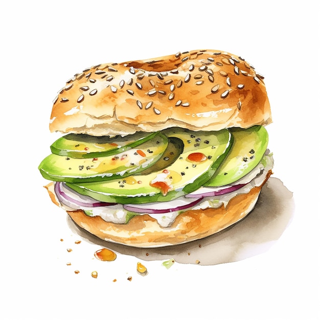 Watercolor illustration bagel sandwich at white background