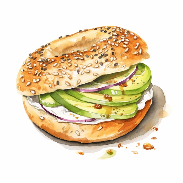 Watercolor illustration bagel sandwich at white background