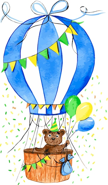 Vettore illustrazione ad acquerello di un palloncino con un cucciolo di orso allegro. trasporto aereo. palloncino di congratulazioni