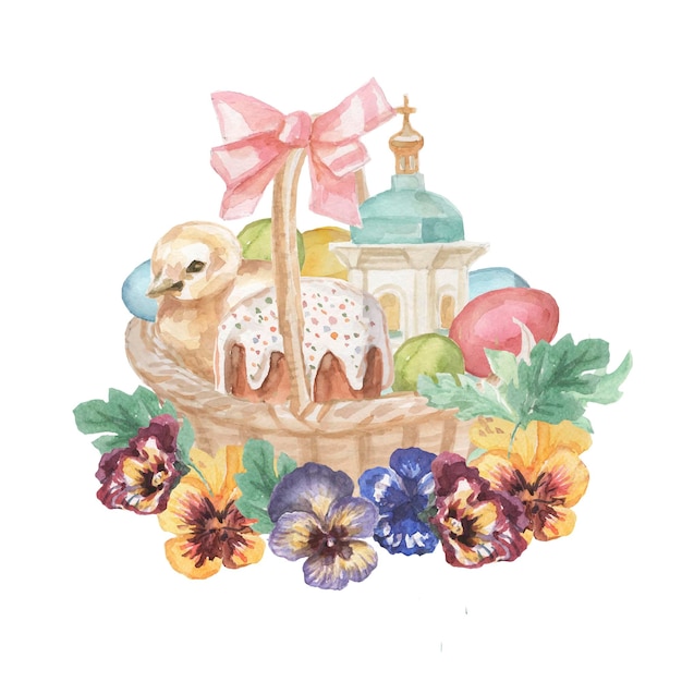 Vector a watercolor illustration of a basket with easter eggs and a pink