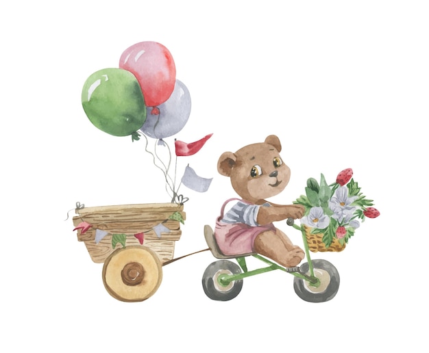 Watercolor illustration of a bear on a bicycle with balloons and a cart