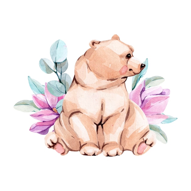 꽃에 수채화 그림 곰