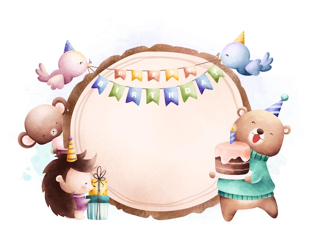 Vettore un'illustrazione ad acquerello di un orso che tiene in mano una torta con sopra una torta di compleanno.