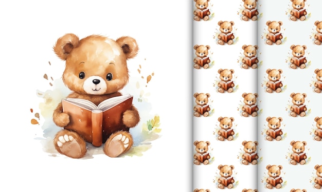 Watercolor illustration of a bear reading a book Set of vector templates