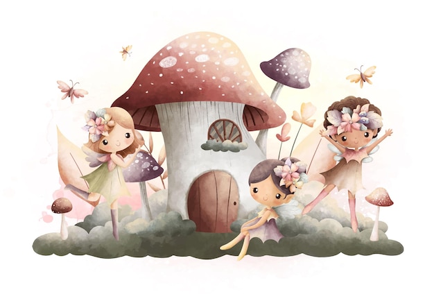 Акварельная иллюстрация красивая фея с грибным домиком в винтажном цвете