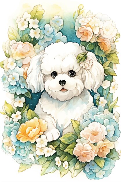 Vettore un'illustrazione ad acquerello di un cane bichon frise in una cornice floreale.