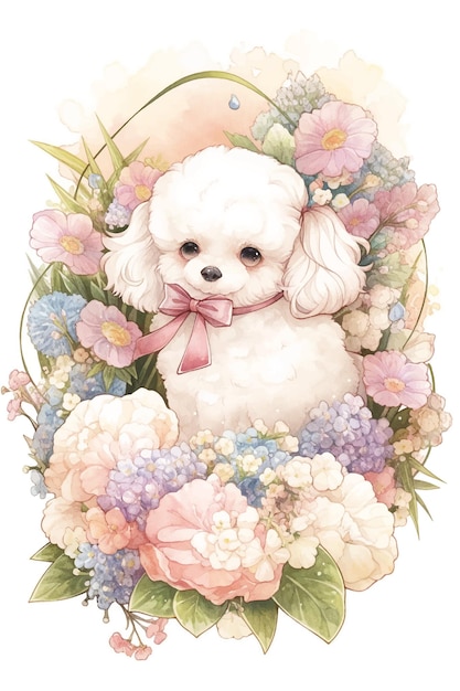 A watercolor illustration of a bichon frise in a flower arrangement.