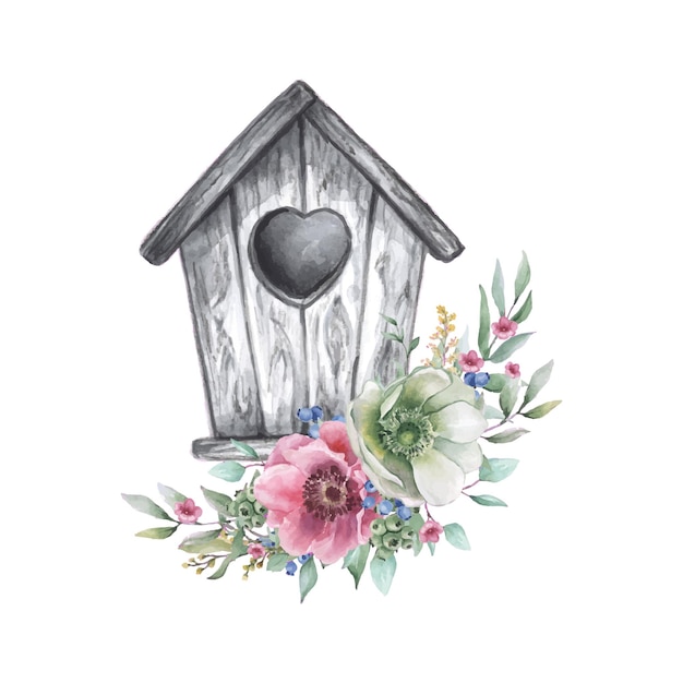 Vector watercolor illustration of bird house and bouquet of anemones isolated on a white