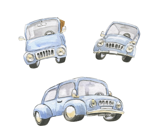 Vector watercolor illustration of a blue car in different angles