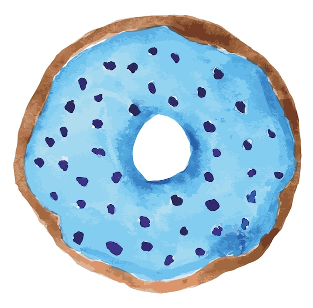 watercolor illustration of blue donut with pink decoration Donut watercolor