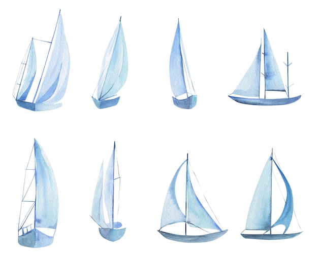 Illustrazione ad acquerello di yacht e navi blu