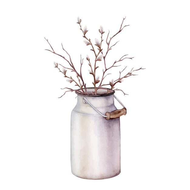 Vector watercolor illustration bouquet of willow branches and tree branch without leaves in metal can for milk brown dry straight twig isolated on a white background elements for spring floral easter