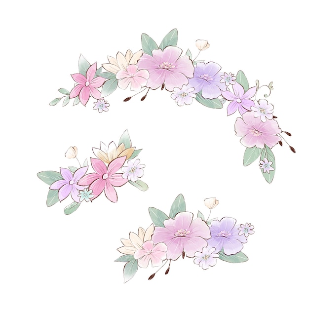 Vector watercolor illustration of bouquets composition with delicate spring flowers