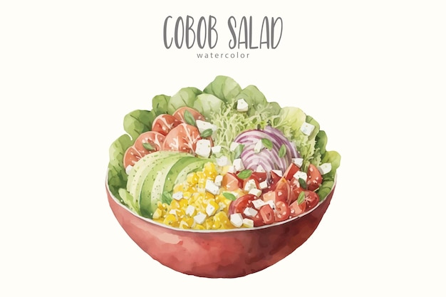 Watercolor illustration of a bowl of cobob salad