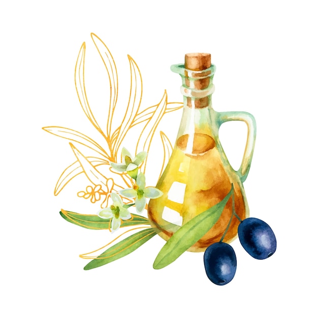 Watercolor illustration of a bowl with ripe black olives olive branch olive oil in a glass bottle