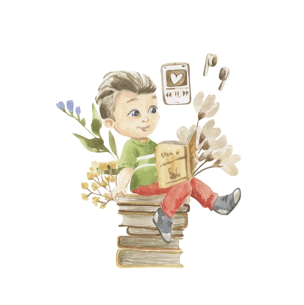 Watercolor illustration of a boy on a stack of books