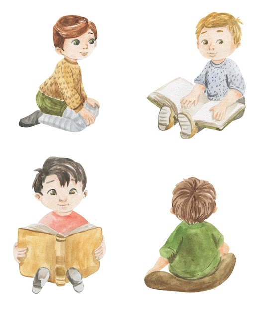 Vector watercolor illustration of boys with books