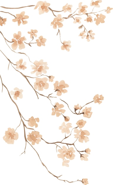 Vector watercolor illustration of a branch with small flowers in sepia color