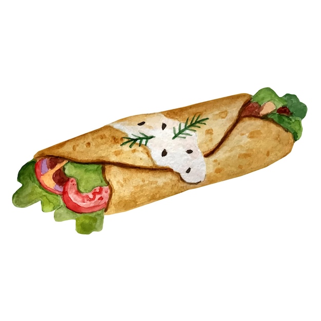 Vector watercolor illustration of a burrito traditional mexican cuisine latin food