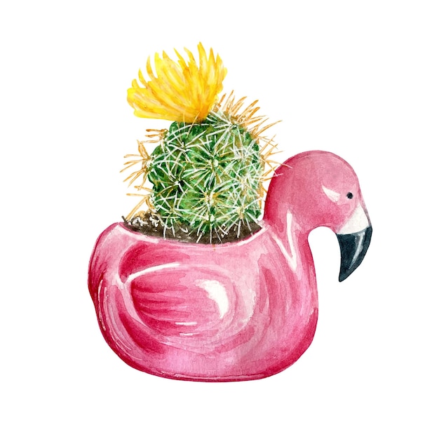 Watercolor illustration of a cactus in a pot