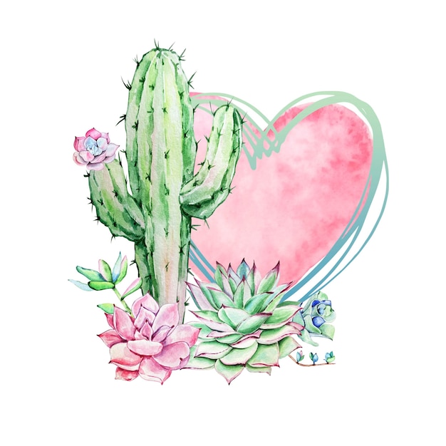 Watercolor illustration of cactus with heart