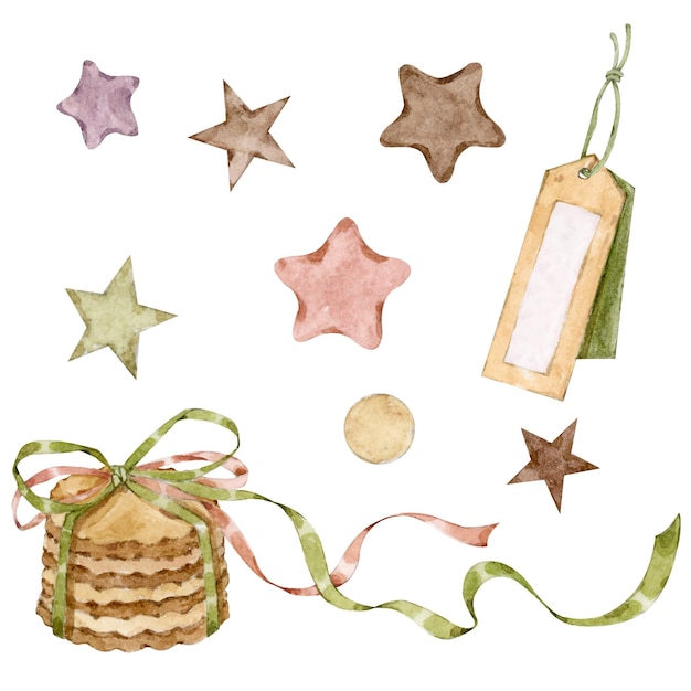 A watercolor illustration of a cake and a tag